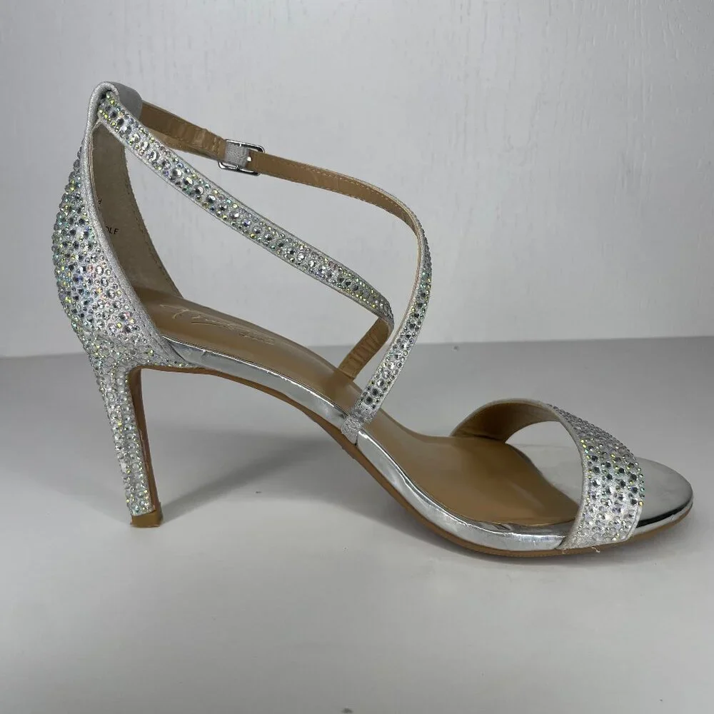 Thalia Sodi DARRIA Silver Rhinestone Stiletto Sandals Glam Nightlux 6.5M